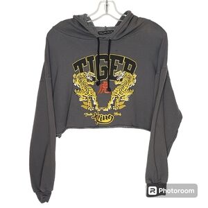 Dark Gray Rock Rose Couture Crop Hooded Sweatshirt